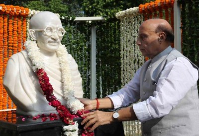 Rajnath Singh unveils statue of Mahatma Gandhi on his 150th birth anniversary