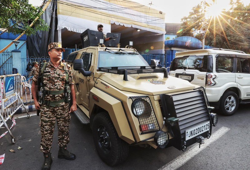 In Images: Armoured vehicle stands guard outside strongroom in Kolkata ahead of counting day