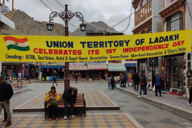 Banners in Leh Bazaar celebrating the Union Territory status for Ladakh. Photo by Rama Dwivedi.