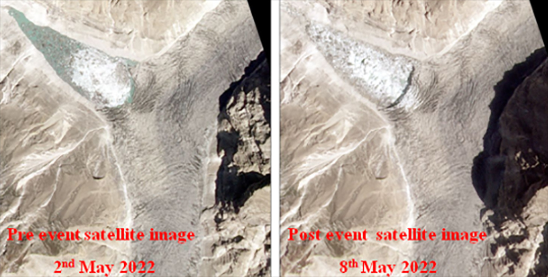 High resolution PLANET LAB images show the pre and post glacial lake outburst flood status of Shisper ice dammed lake in May 2022. Photo by Hemant Singh