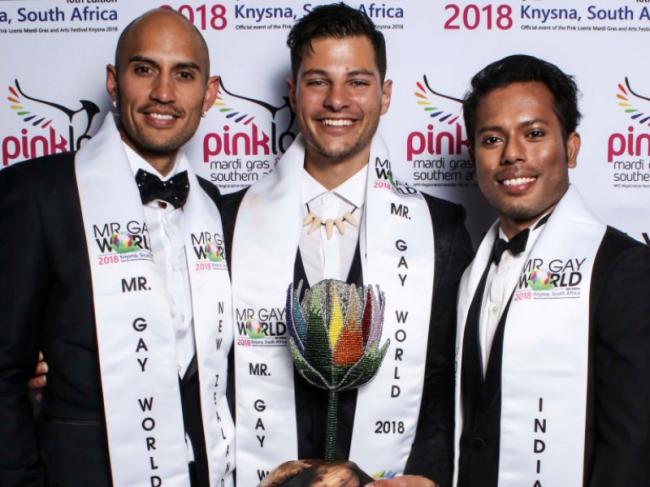First runner up Ricky Devine-White (L) from New Zealand; Jordan Bruno, Mr Gay World 2018 and Samarpan Maiti (R), Second runner up