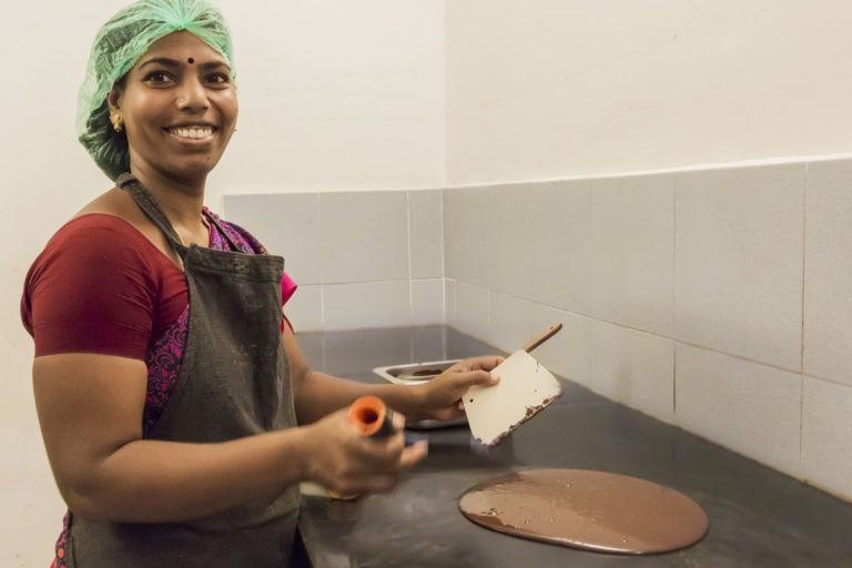 Saraswathi Murthy who leads the team in the factory, was first spotted by founders Jane Mason and Fabien Bontems and trained by them in 2013. Photo from Mason & Co. 