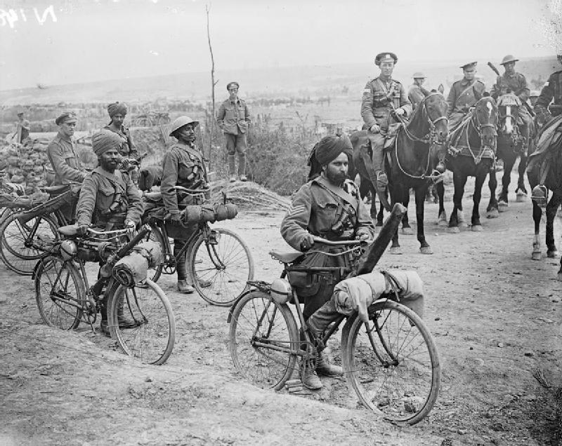 Indian bicycle troops at a crossroads on the Fricourt-Mametz Road, Somme, France. Photographer: John Warwick Brooke - Photograph from the collections of the Imperial War Museums. (Wikipedia Creative Commons)