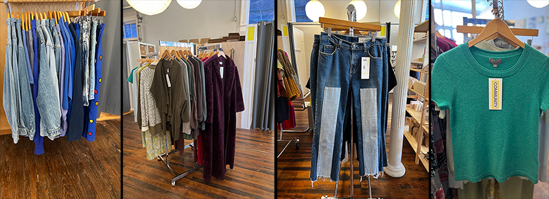  A rack sustainably sourced denim trousers in Community, a retailer in downtown Athens that helps other local businesses by selling their items in store. (Photo/Asya McDonald)