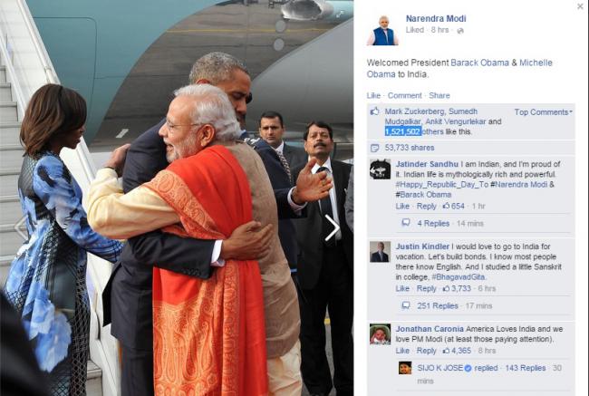Picture showing PM Modi welcoming Obama liked by Mark Zuckerberg