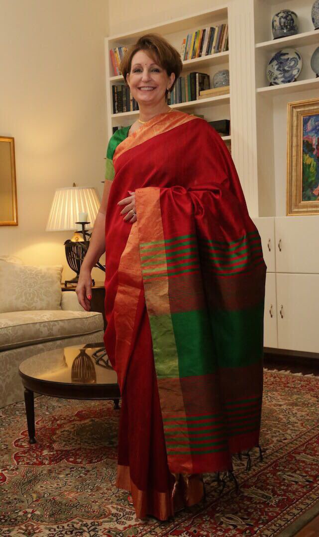 MaryKay Carlson finally wears maroon green Kanjeevaram on Independence Day