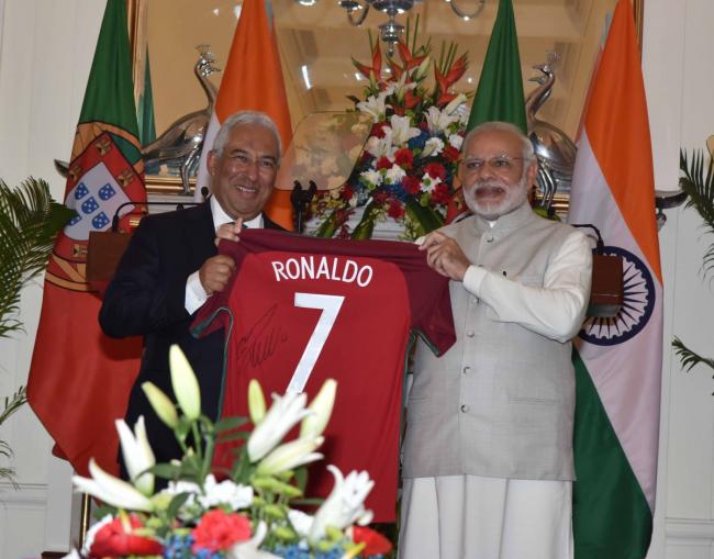 Modi receives jersey from Portugal PM Antonio Costa