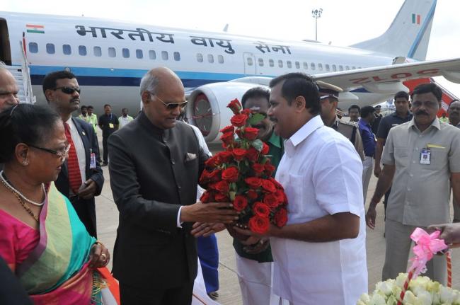 President Ram Nath Kovind arrives in Tamil Nadu; greeted by state governor and cabinet ministers