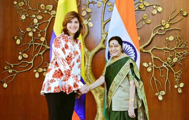 EAM Sushma Swaraj welcomes her Colombian counterpart Maria Angela Holguin to India