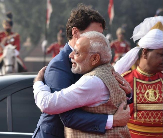 Narendra Modi welcomes Justin Trudeau with bear hug