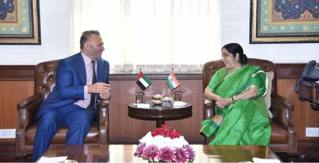 Sushma Swaraj meets UAEâ€™s Minister of State for Foreign Affairs Anwar Gargash