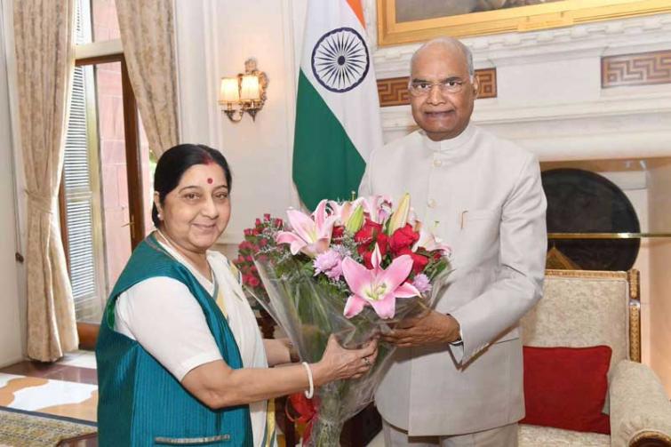 Sushma Swaraj, Union Jal Shakti Minister Shekhawat call on Prez Kovind