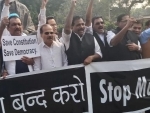 Congress stages protest over Maharashtra coup outside Parliament