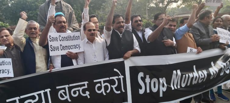 Congress stages protest over Maharashtra coup outside Parliament