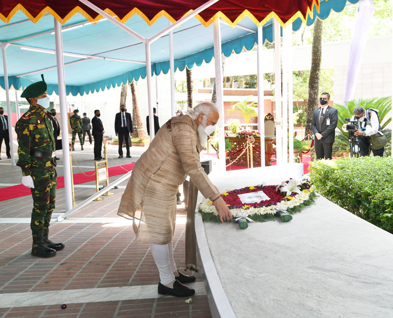 Prime Minister Narendra Modi pays homage at the Mausoleum of Bangabandhu Sheikh Mujibur Rahman