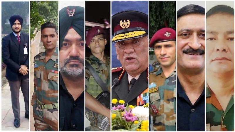 In order: NK Gursewak Singh, 9 PARA (SF); L/NK Vivek Kumar, 1 PARA (SF); Lt Col Harjinder Singh (SO to CDS); L/NK B. S. Teja, 11 PARA (SF); General Rawat; NK Jitender Kumar, 3 PARA (SF); Brig L. S. Lidder (DA to CDS); Hav Satpal Rai