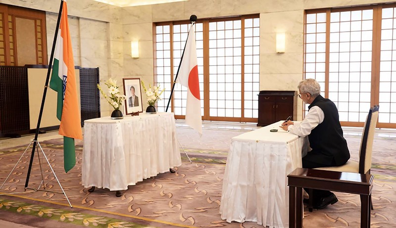 NEW DELHI, JUL 9 (UNI):- External Affairs Minister S Jaishankar during his visit to Embassy of Japan to convey his condolences to Ambassador of Japan to India Satoshi Suzuki on the assassination of former Japanese prime minister Shinzo Abe, in New Delhi on Saturday. 