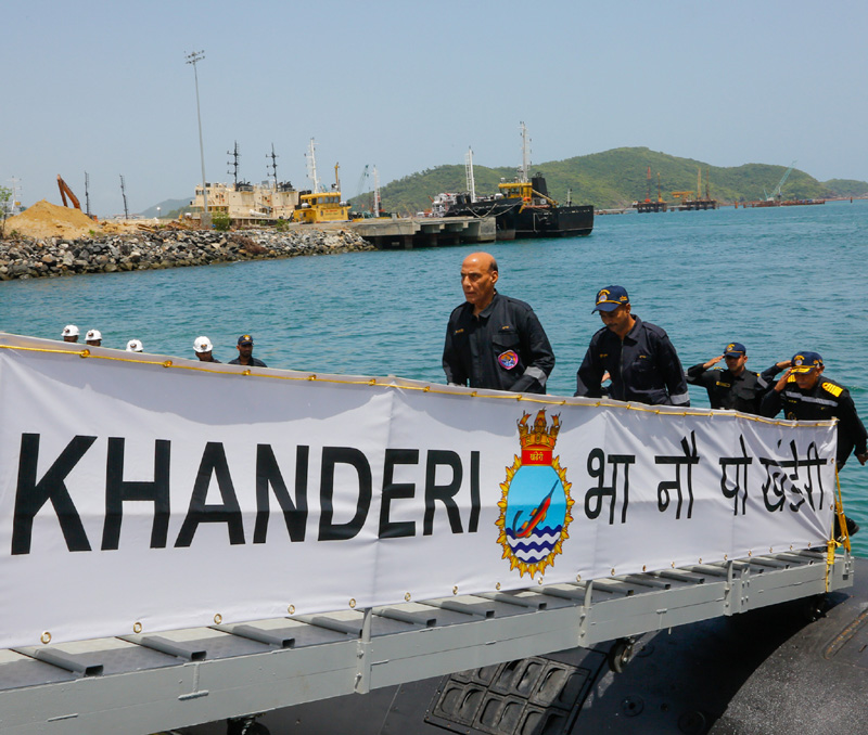 Rajnath Singh undertakes sea sortie on stealth submarine ‘INS Khanderi’ at Karwar
