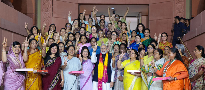 PM Modi with women BJP MPs at party headquarters | Photo courtesy:  Twitter/@BJP4India