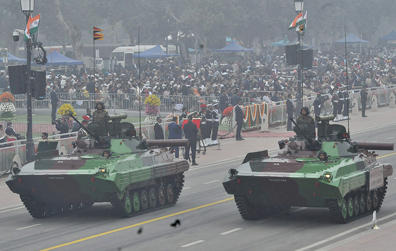NEW DELHI, JAN 26 (UNI):- Army battle tanks rolling down the Kartavya Path during the 74th Republic Day Parade, in New Delhi on Thursday.