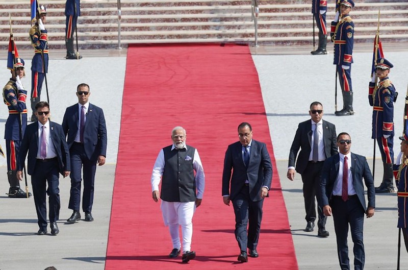 Narendra Modi arrived in Cairo on his first State visit to Egypt received by Mostafa Madbouly, Prime Minister of Egypt at the airport