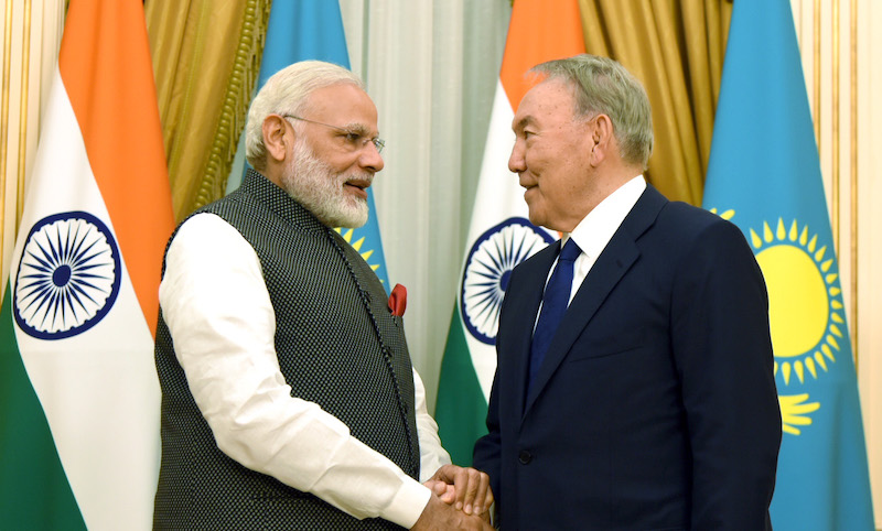 A file photo of Prime Minister Narendra Modi calling on former Kazakhstan President Nursultan Nazarbayev, in Astana, in June 2017. Photo courtesy: PIB 