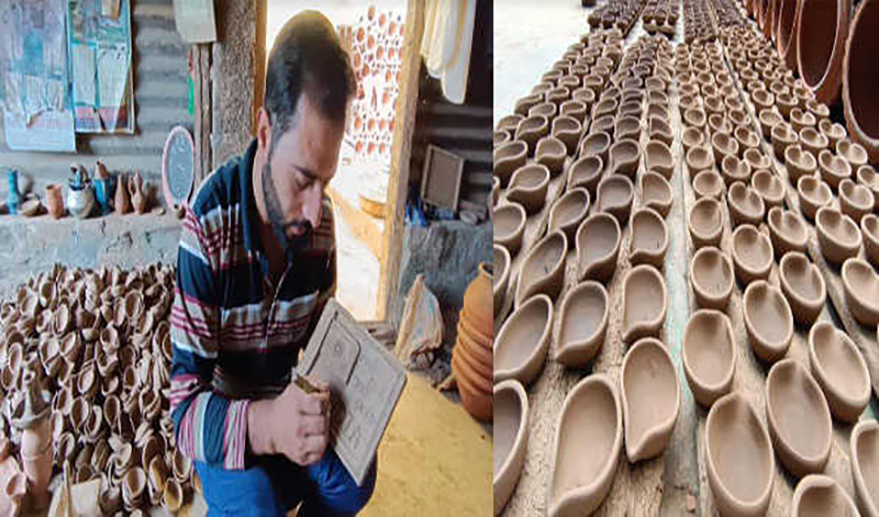 Kashmiri potter working tirelessly on earthen lamps which will be lit up to celebrate Independence Day