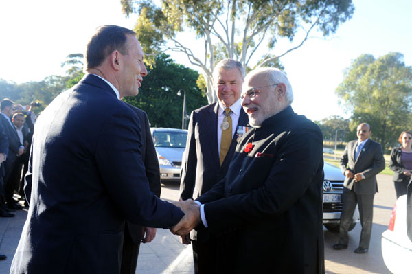 Narendra Modi being warmly received by the Prime Minister of Australia