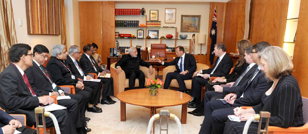 Narendra Modi being warmly received by the Prime Minister of Australia