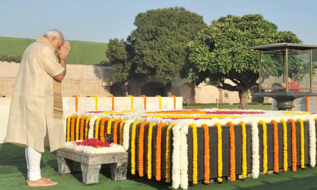 Mahatma Gandhi on his 146th birth anniversary, at Rajghat, in Delhi 