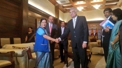 Sushma Swaraj arrives in Sri Lanka, meets PM  Ranil Wickremesinghe
