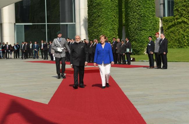 Narendra Modi accorded ceremonial welcome at German Chancellery, in Berlin, Germany