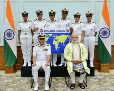 PM Modi meets Indian Navy women officers venturing to sail around the world 