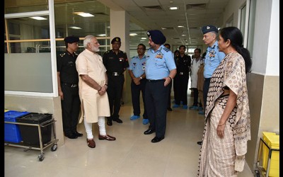 Narendra Modi visits R&R Hospital to see Marshal of the Indian Air Force Arjan Singh