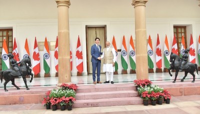 Canadian PM Justin Trudeau calls on Indian PM Narendra Modi at Hyderabad House, New Delhi