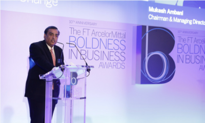 Reliance Industries Chairman Mukesh Ambani accepts the â€˜Drivers of Changeâ€™ Award at the London Ceremony