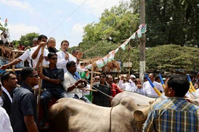 Rahul Gandhi holds bullock cart protest in Kolar, Karnataka, against rising fuel prices