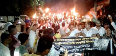 Assam Congress takes out torch rally against fuel price rise in Guwahati 