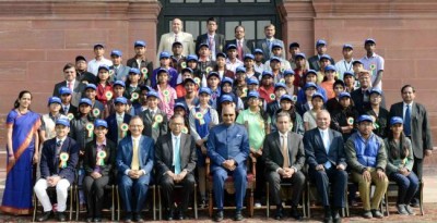 Winners of the Tata Building India School Essay Competition call on the President Kovind