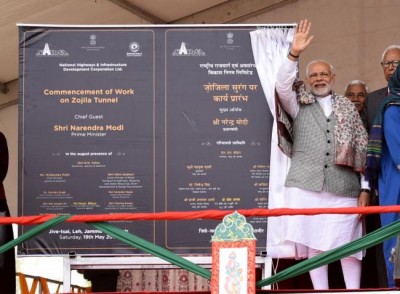 PM Modi unveils plaque to mark commencement of work on the Zojila Tunnel