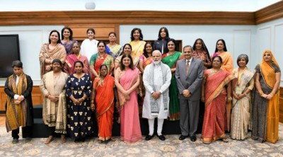 PM Narendra Modi interacts with recipients of Nari Shakti Puraskar