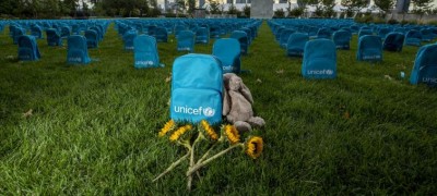 UNICEF backpacks used as a haunting symbol to call for greater protection of children living in conflict