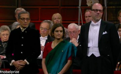 Dressed in Bengali attire, Abhijit Banerjee along with wife Esther Duflo receives Nobel Prize