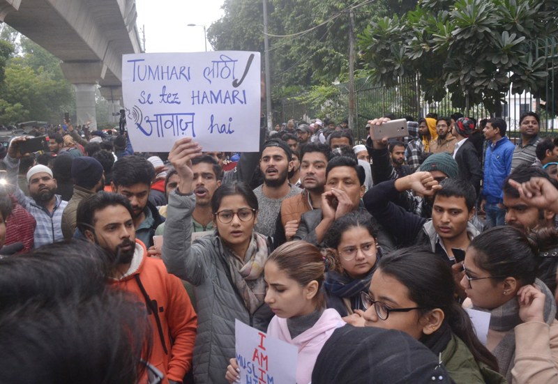 Students agitating against Citizenship Amendment Act  outside Jamia Millia Islamia University.