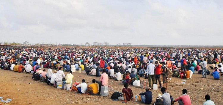 Migrants gather for medical check before boarding in Mumbai
