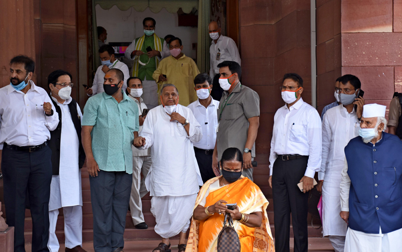 Samajwadi Party MP Mulayam Singh Yadav coming out of Parliament during Monsoon Session
