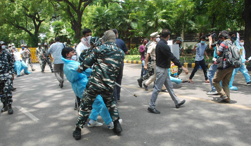 Bhabiji Papad: Indian Youth Congress workers protest in New Delhi