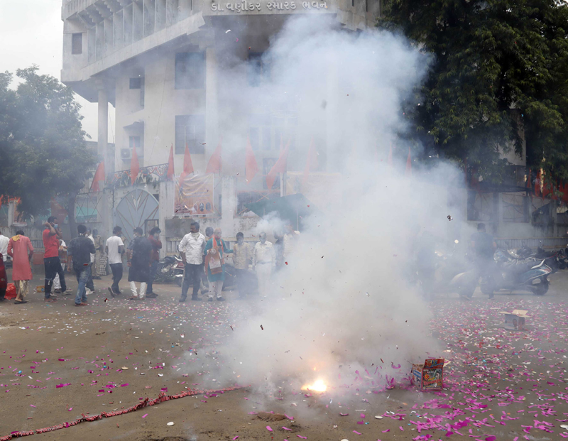 Ayodhya: VHP workers participates in a celebration to mark the groundbreaking ceremony