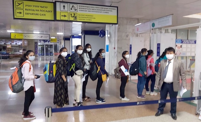 Stranded Indian nationals waiting to leave for India at Bishkek