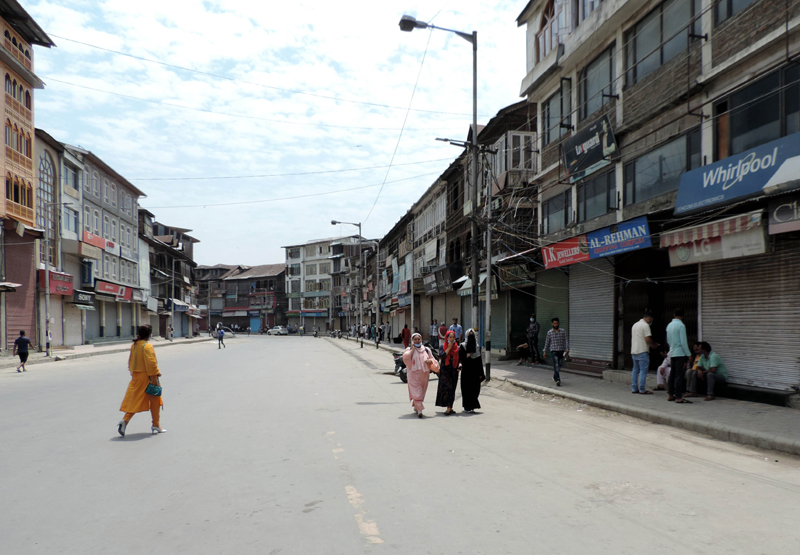 A view of the closed Hari Singh street in Srinagar amid Covid lockdown